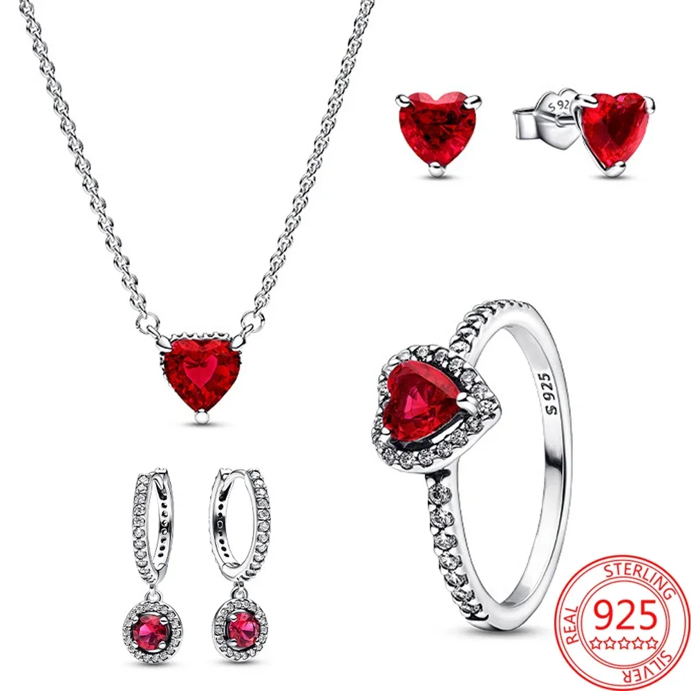 New 925 Sterling Silver Sparkling Heart Halo Pendant Collier Necklace Red Heart Ring Round Hoop Earrings Women Jewelry Set Gift