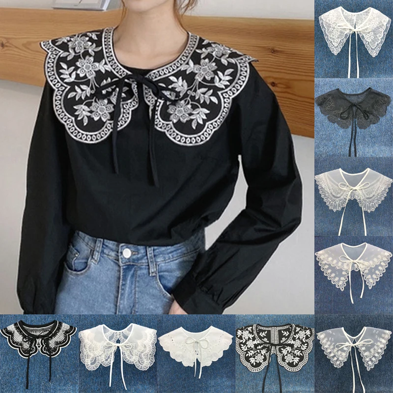 Vintage-Puppe im Palast-Stil für Damen, falscher Fake-Kragen, hohle Blumenspitze, Rüschenbesatz, halbes Hemd, Halskette, Schal, Wickel-Revers-Bluse