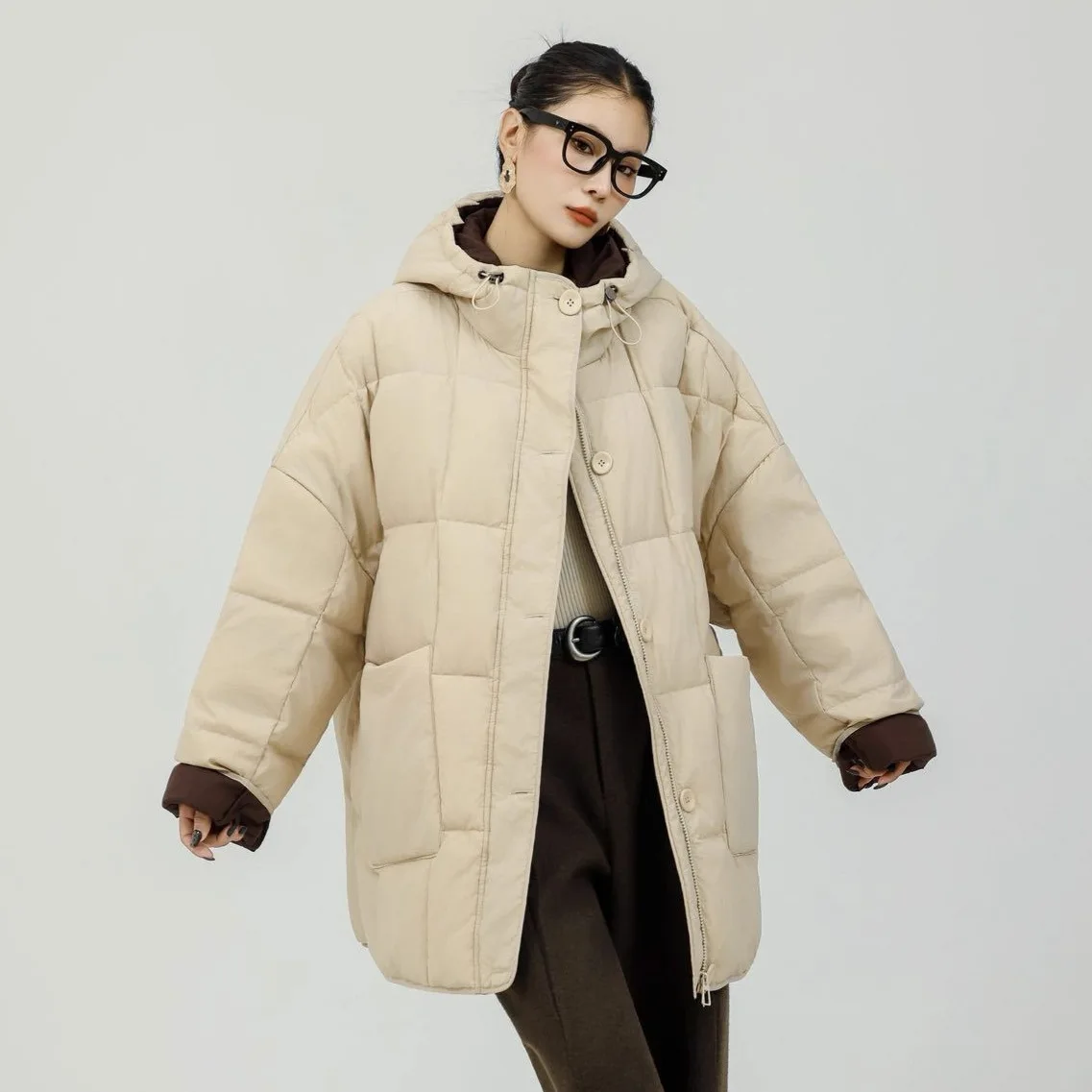 

Winter Retro Hooded Mid Length Down Jacket Female Thicken Warm Big Pocket Jackets Women White Duck Down Zipper Parker Outwears