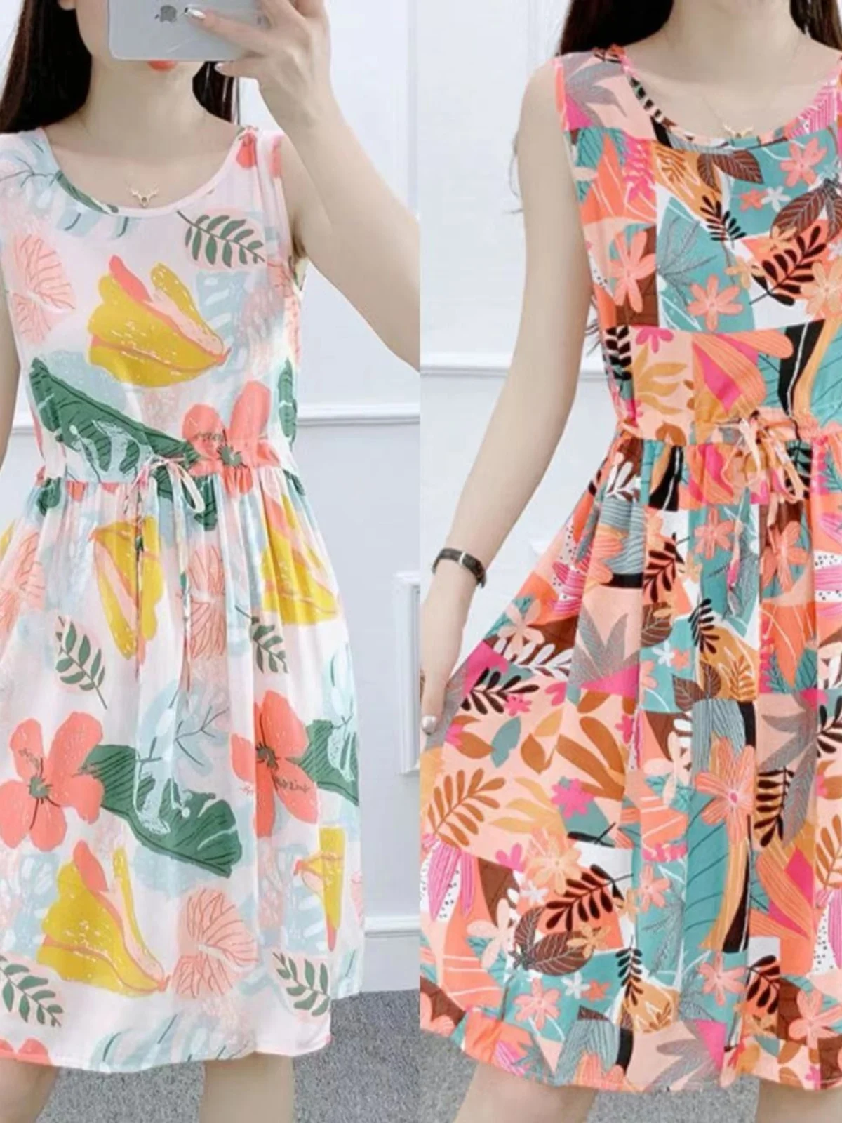 夏のファッション ハイウエスト コットンシルクワンピース レディース アウター ショート丈 花柄ベストワンピース ボヘミアンスタイル Aラインスカート