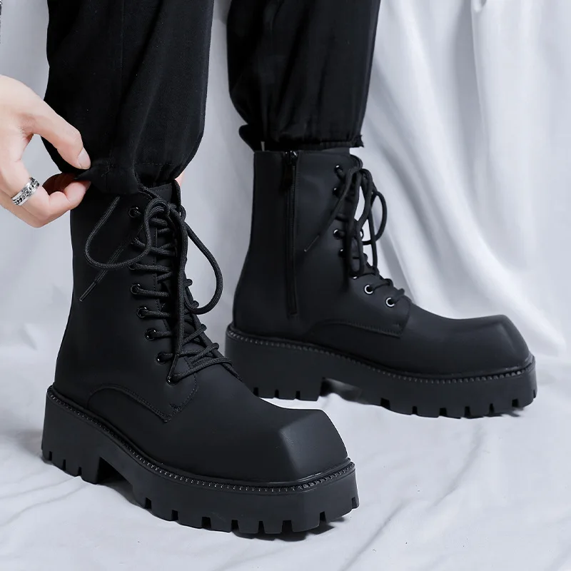 men fashion original leather boots brand designer square toe shoes stage nightclub platform boot handsome high motorcycle botas