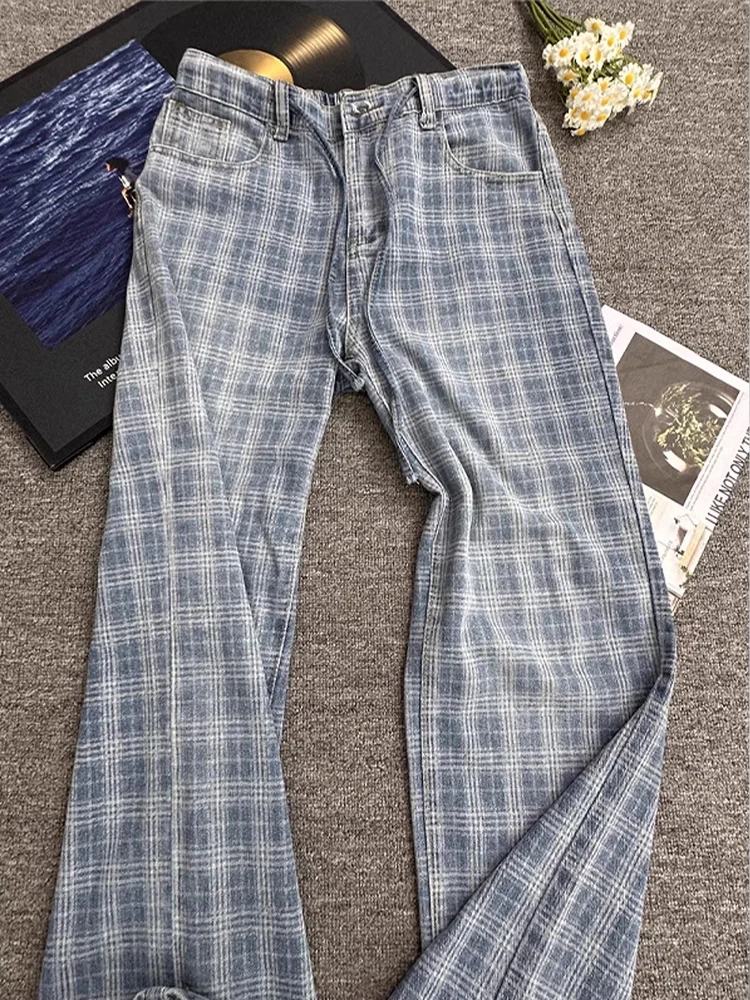 

Голубые мужские джинсы скинни в клетку, тонкие прямые брюки-клеш, повседневные удобные летние джинсовые брюки со средней талией на молнии Fly