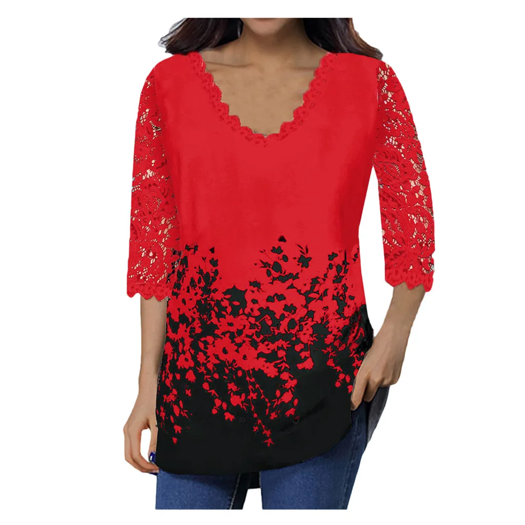 2024 new Women\'s Lace 3/4 Sleeve V Neck T Shirt Ladies Floral Blouse Tunic Tops Plus Size