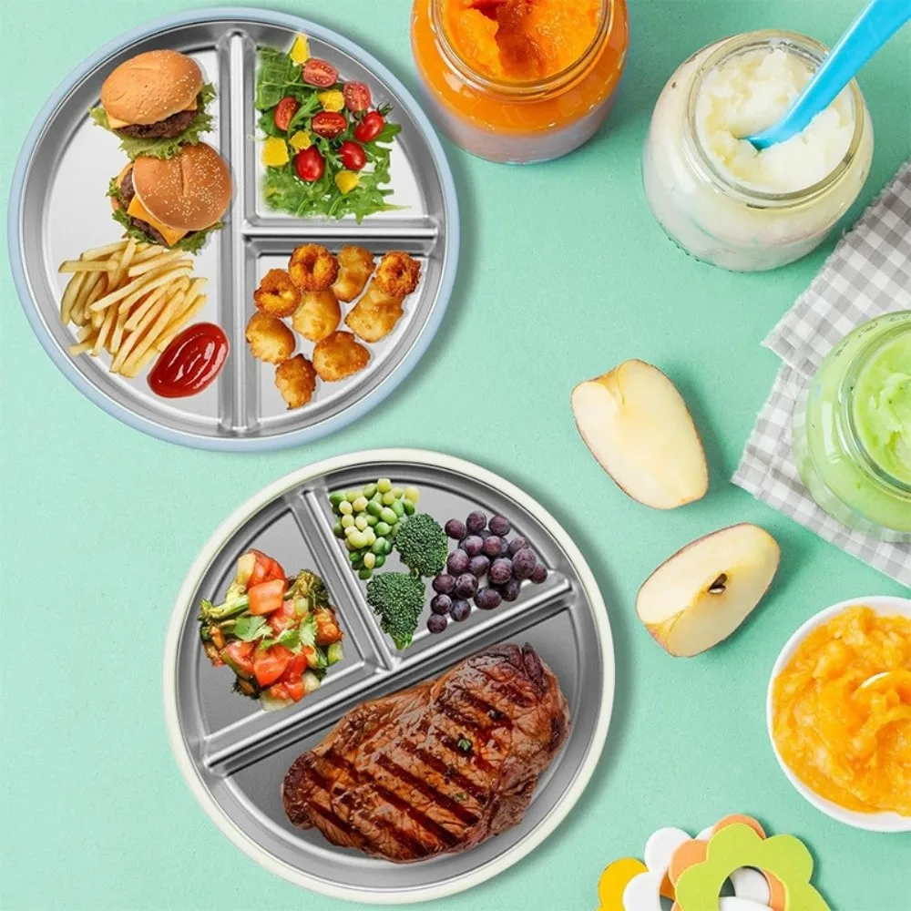 

Divided Design Suction Cup Kids Plates Silicone Shell Safe Material Children 3 Grids Dishes 304 Stainless Steel Anti-fall