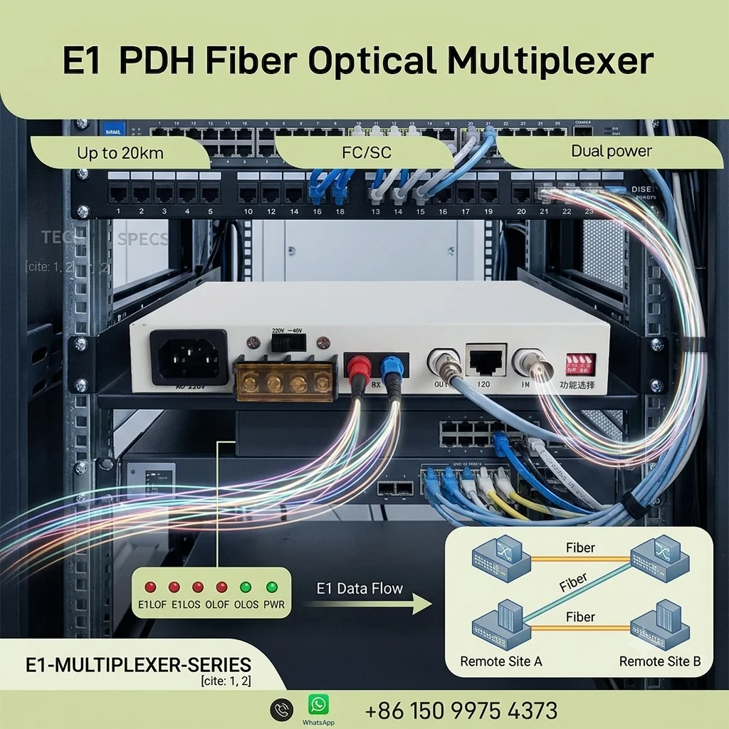 PDH 1E1 Fiber Optical Multiplexer E1 Optical Terminal FC SC RJ45 BNC 75Ω/120Ω Loopback DIP Switch Single Mode