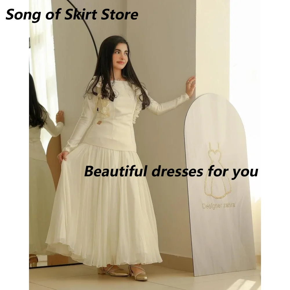 

Customized Party Girl Prom Gowns Long Sleeves Ankle Length Chiffon Saudi Arab Evening Gown A Line Homecoming Dresses