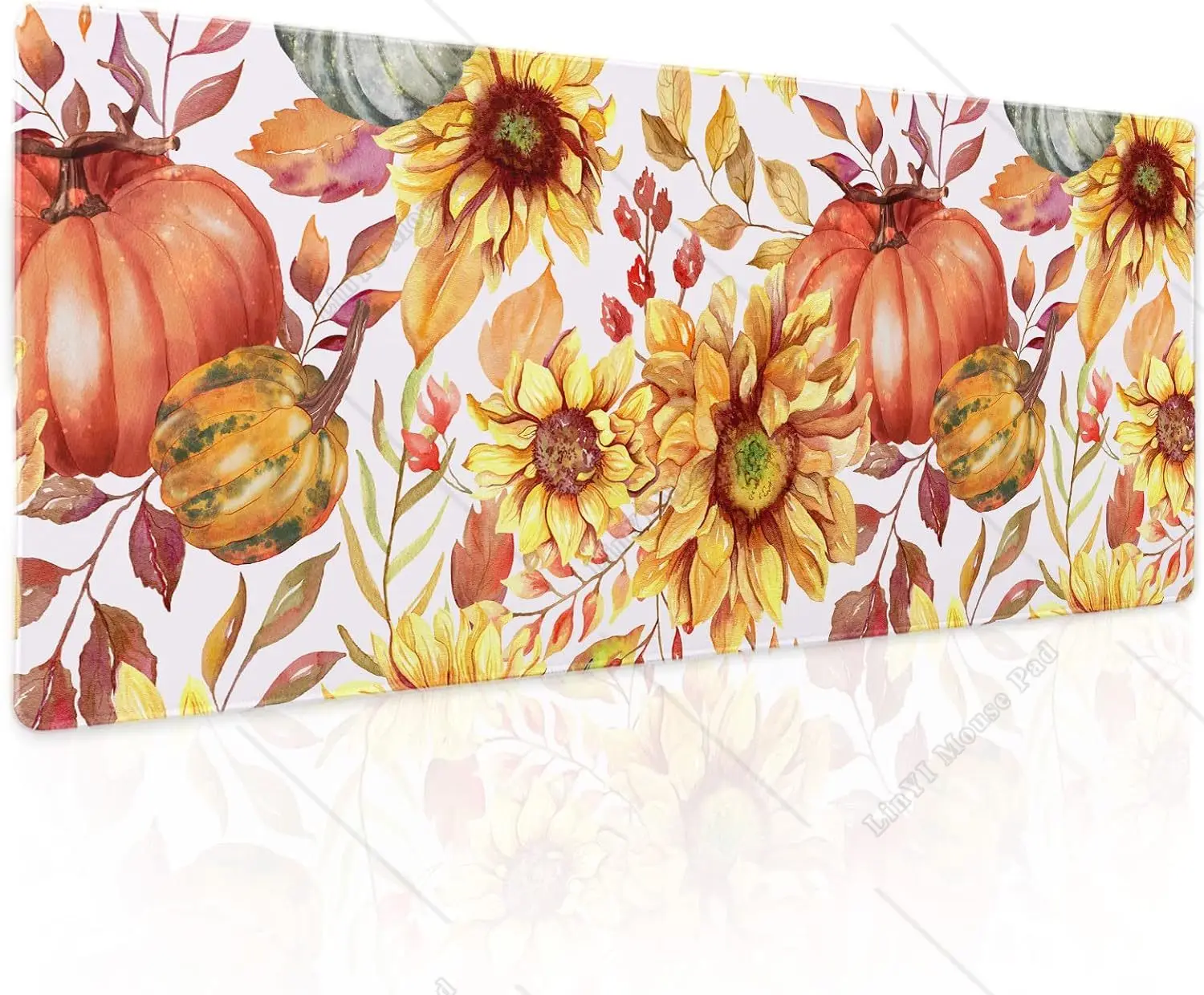 Fall Pumpkin Sunflowers Mouse Pad XL Watercolor Retro Autumn Desk Mat Non-Slip Rubber Base Stitched Edge Thanksgiving Mousepad