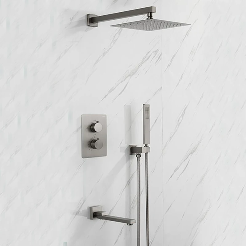Gunmetal gray color Rain Shower Head Bathroom Brass Thermostatic Bath wall mounted Shower Set three way faucet shower set