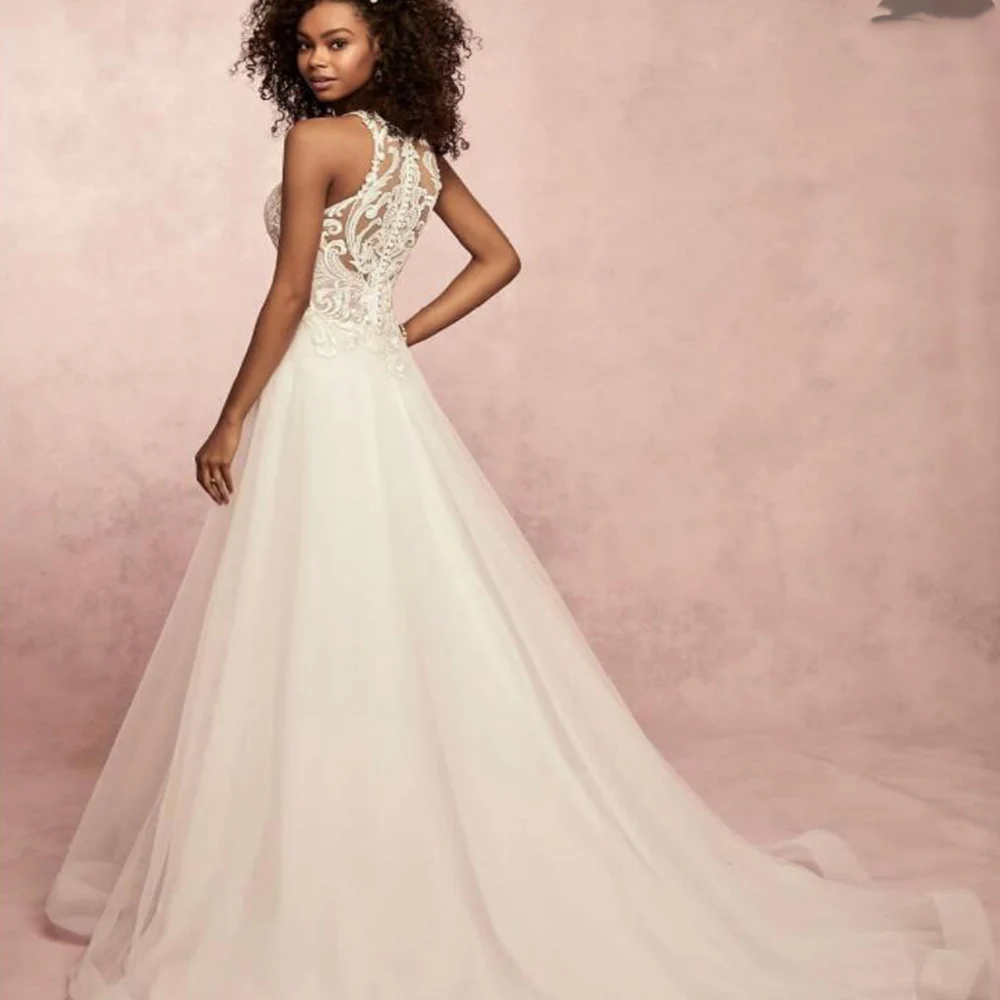 Robe de mariée princesse en dentelle, avec traîne de balayage sans manches, en Tulle, sur mesure, fermeture éclair ivoire magnifique