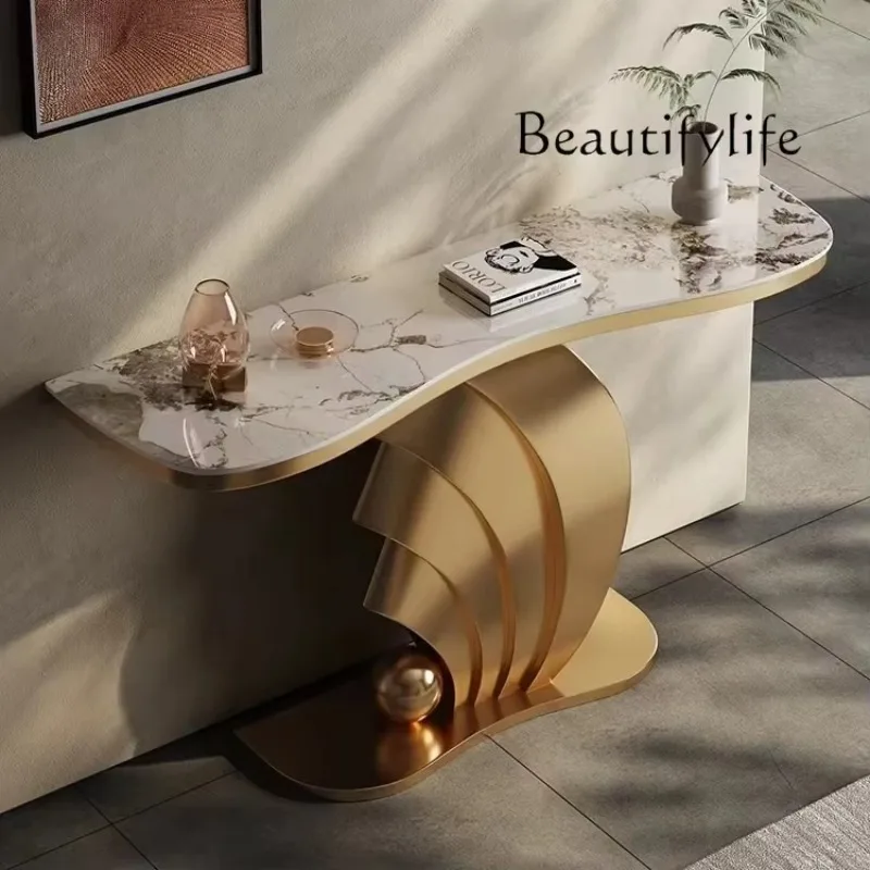 

Italian light luxury rock slab entrance table high-end stainless steel villa hotel corridor end view table