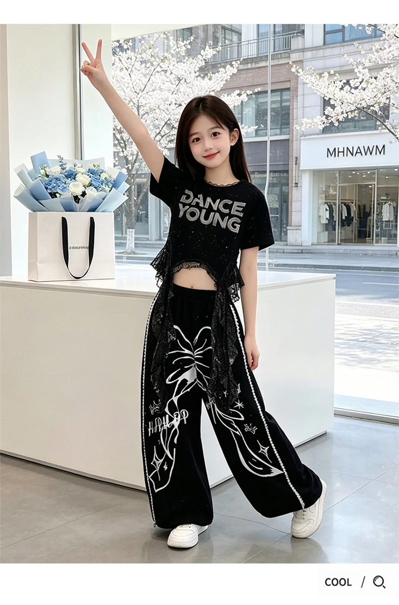 Neuheiten Hip-Hop Kleidung für junge Mädchen, Anzug mit Crop-Top und Hose, modischer Print, 2-teiliges Streetwear-Tanzkostüm für Kinder 8 10 12 Jahre – Detail 7