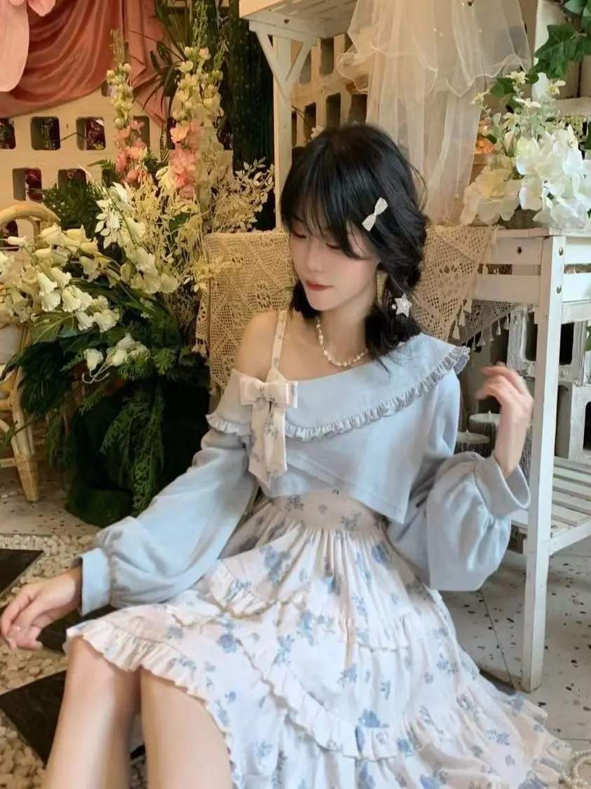 Sweet Japanese Sle Two-Piece Set Blue oulder Wrap Strap Dr ort Length Autumn Winter Faion for Soft Girls