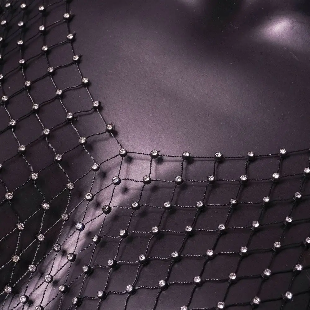 タッセルショール付きフィッシュネットグリッタートップ、ラインストーンセクシーアピール、ラインストーンフィッシュネットトップ、メッシュドリルメッシュ
