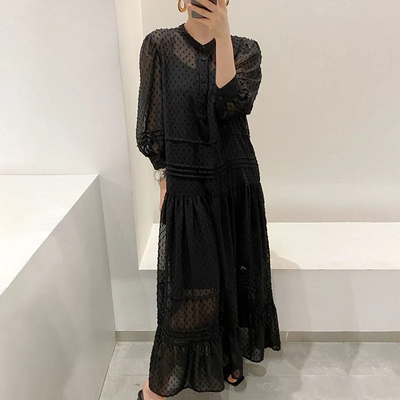 Coreano chique temperamento suave bolinhas em torno do pescoço único breasted puff manga longa vestido solto para mulher vestido de férias