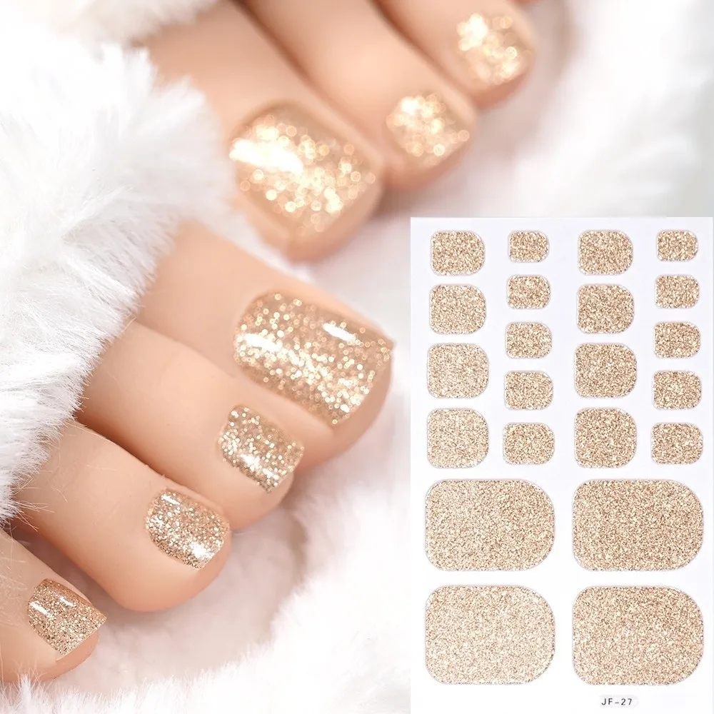 22tips/Sheet Gradient Glitter Toe Nail Stickers Solid Color Shimmer Finish No Bake Removable Adhesive Full Cover Nail Wraps
