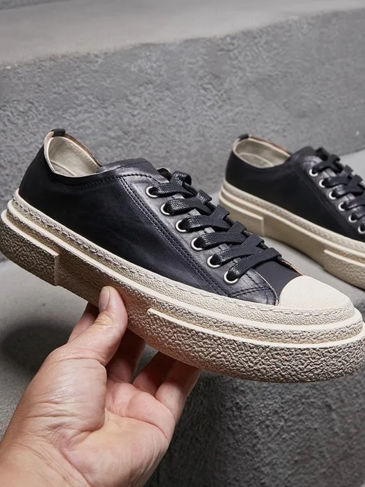 New Mens Low Cut Lace Up Skateboard Shoes Horsehide Genuine Leather Casual Shoes Flats Joggers Sneakers Vintage Breathable Shoes