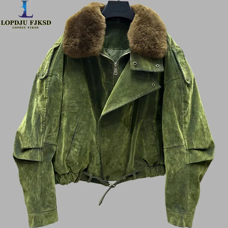 Women Faux Fur Collar Coat Winter Jacket Single Breasted Female Outwear Fashion Flocking Cowboy Overcoat