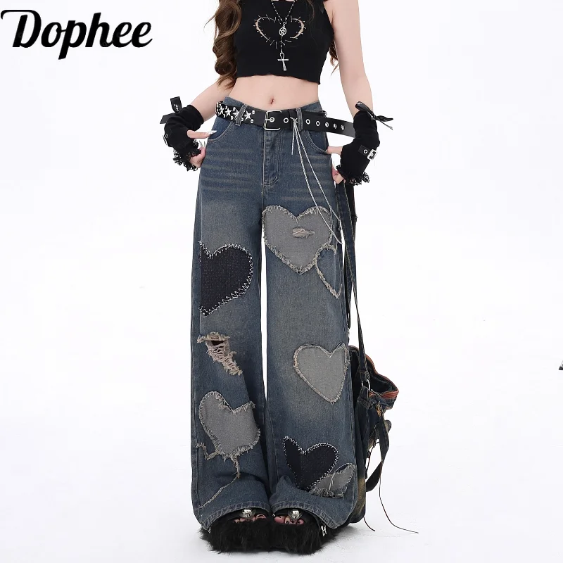 Dophee American Spice Girls Love Patch All-match Wide Leg Denim Pants Casual Trousers Autumn High Waist Straight Jeans Women