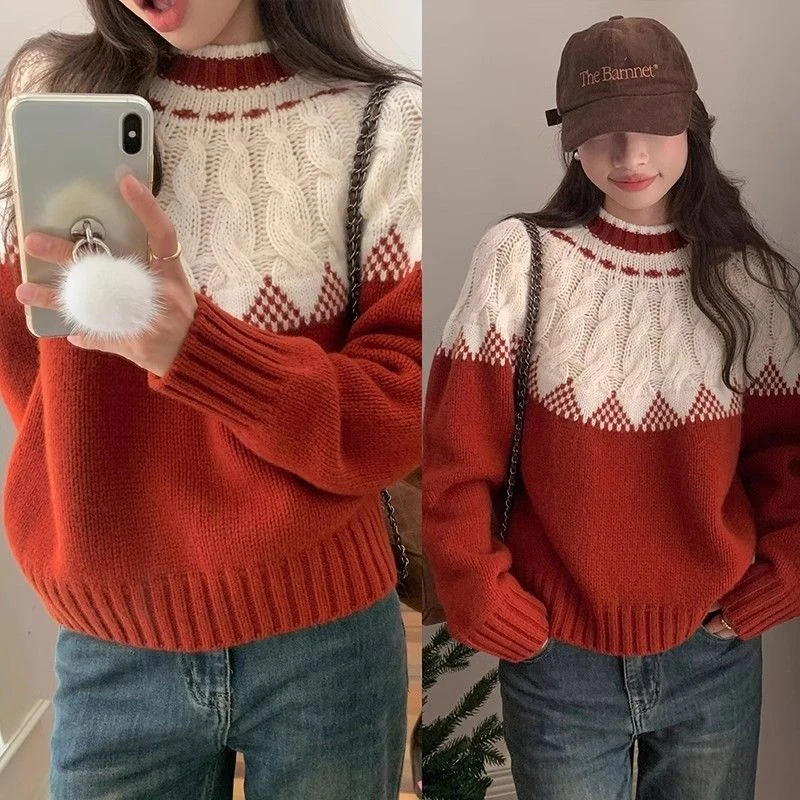 Nuovo anno popolare contrasto rosso ritorto pullover femminile buon natale senso di alta qualità bellissimo maglione abbigliamento donna Top