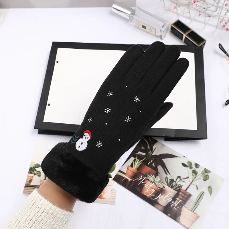 

Cartoon Embroidery Snowman Gloves Women Winter Plus Velvet Thicken Warm Mittens Cycling Windproof All Fingers Cute Gloves T49