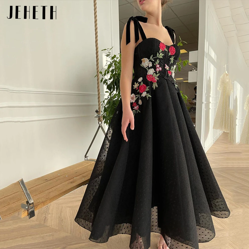 JEHETH Black Floral Pastoral Prom Dress Bow Straps A-Line Lace Appliques Evening Gown Dot Tulle Sweetheart Ankle Length فساتين