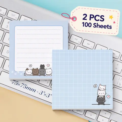 2pcs Cute Cat Sticky Notes Set, Kawaii Animal Self Stick Memo Pads, 100 Sheets Total, Blue Grid and Lined Notepads