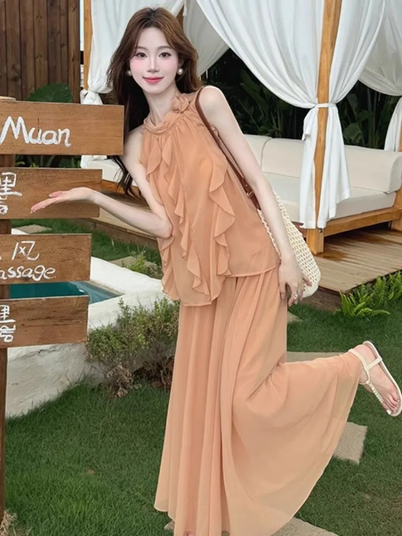 

Новый летний комплект из двух предметов для милых девочек, женский элегантный повседневный топ без рукавов с круглым вырезом и рюшами + свободная длинная юбка трапециевидной формы, праздничные комплекты