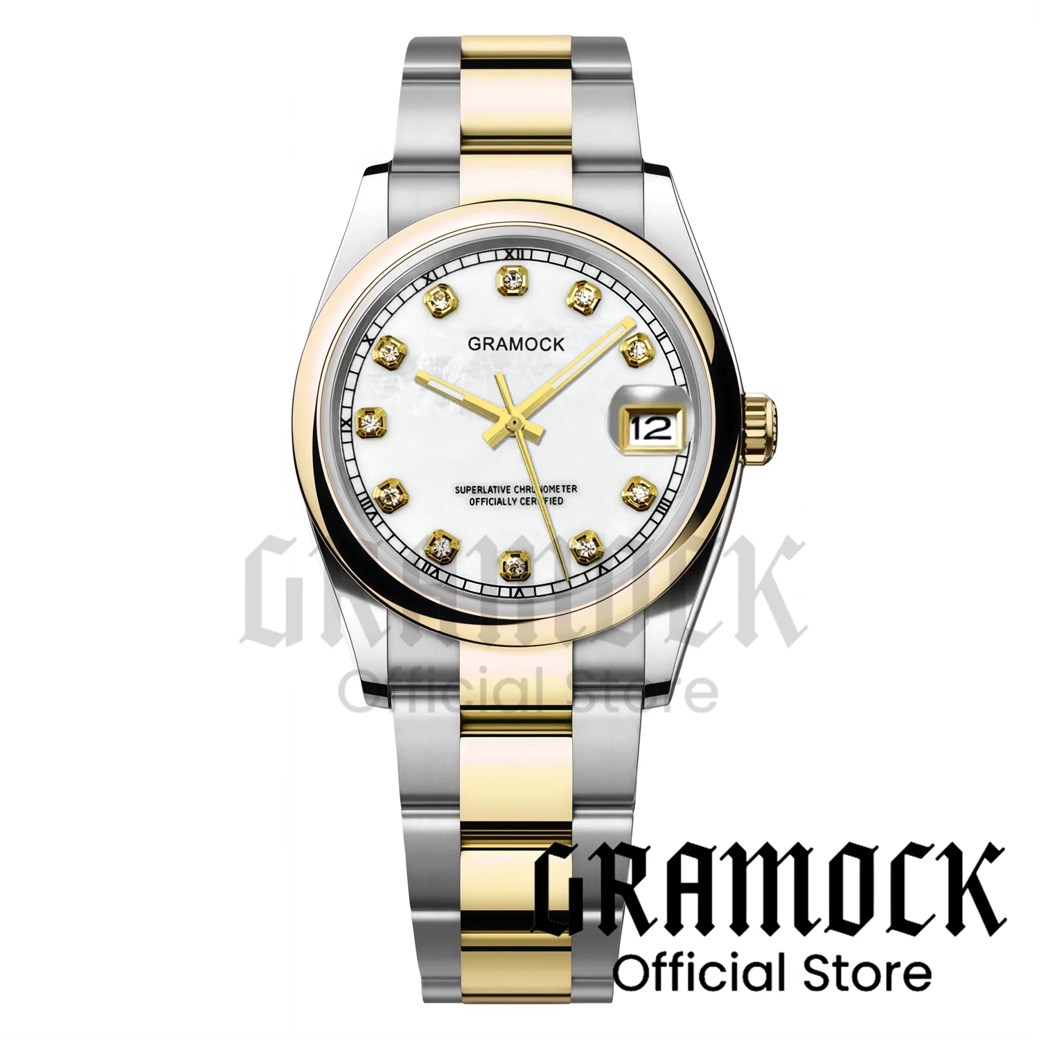 Gramock 36mm 39mm Luxury Two Tone Gold Men Watches Polished Bezel Pearl Dial Waterproof Sapphire NH35A Mechanical Watch For Men