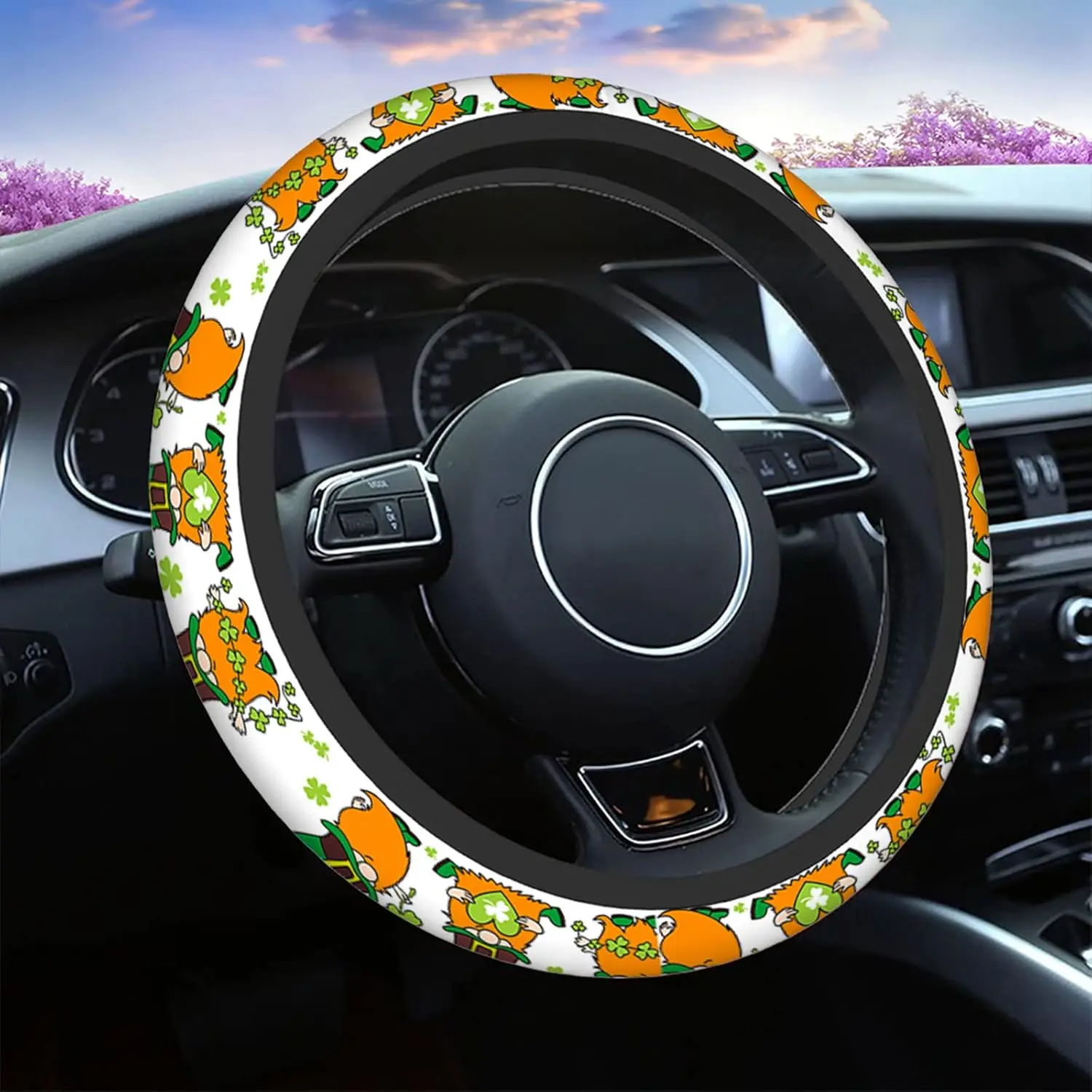 Irish Gnomes Car Steering Wheel Cover St Patricks Day Gnomes Luck Clovers Safe Driving Anti-Slip Steering Wheel Covers Steering