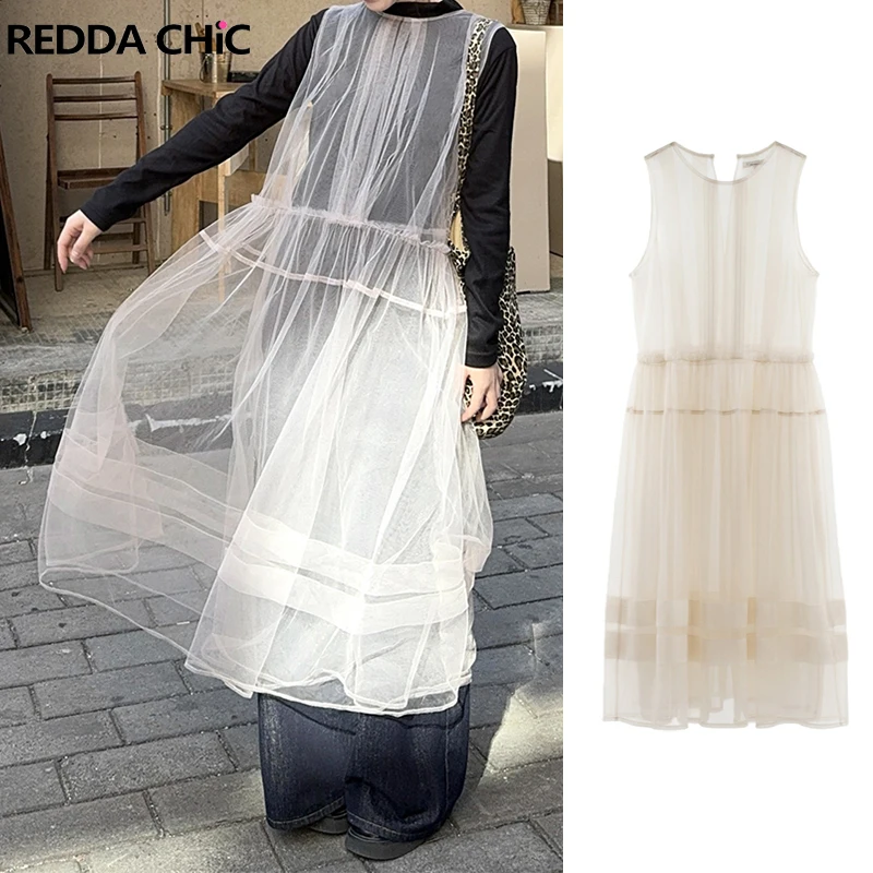 

ReddaChic Mesh Hollow Smocked Dress Tank Cute Ruffle Sleeveless See through Midi Long Lounge Dress Korean Women Summer Clothes
