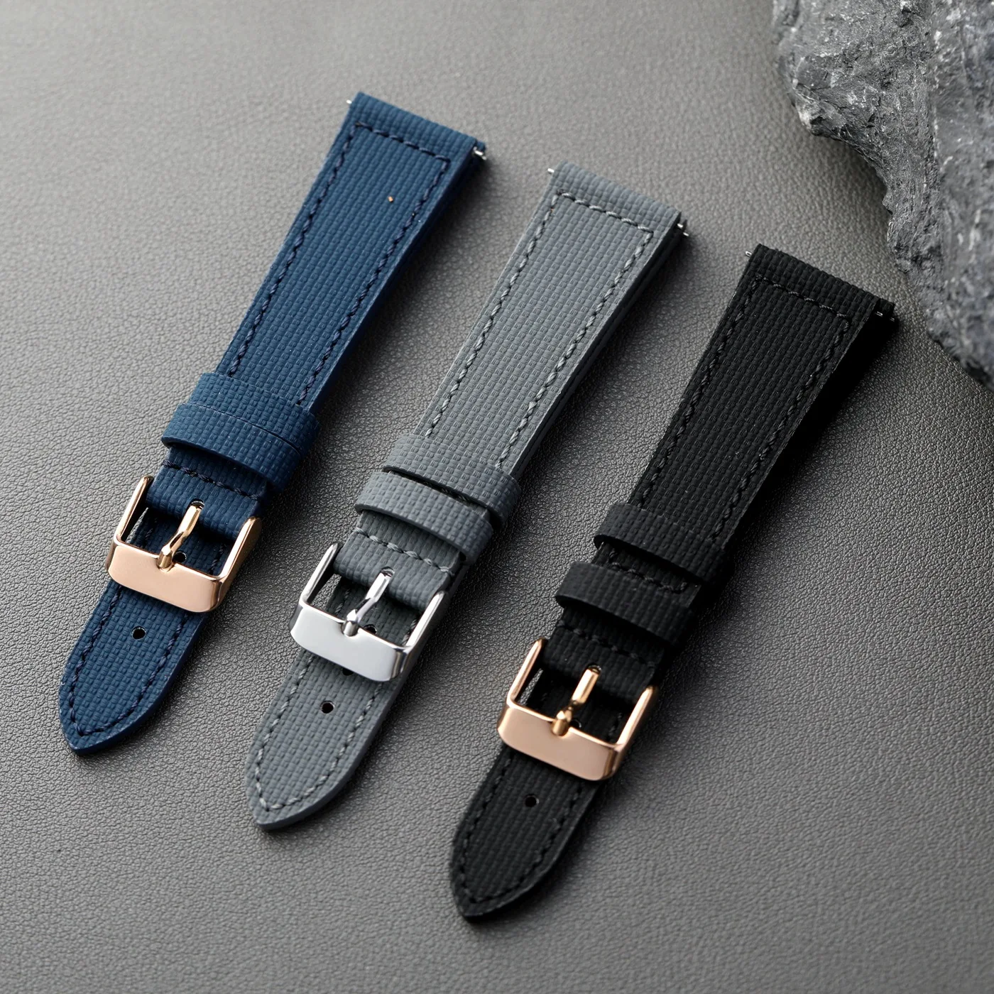 手作りフッ素ゴムストラップ、18 19 20 21 22MM ソフトフィットレザーストラップ、レトロスタイルメンズストラップ、クイックデタッチメント、ブルーブラックグレー
