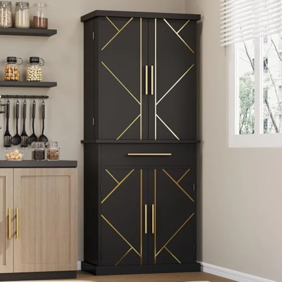 

72 Tall Wood Kitchen Pantry Cabinet with 4 Doors 3 Shelves 1 Drawer 6 Side Racks Freestanding Modern Carved Cupboard for Dining