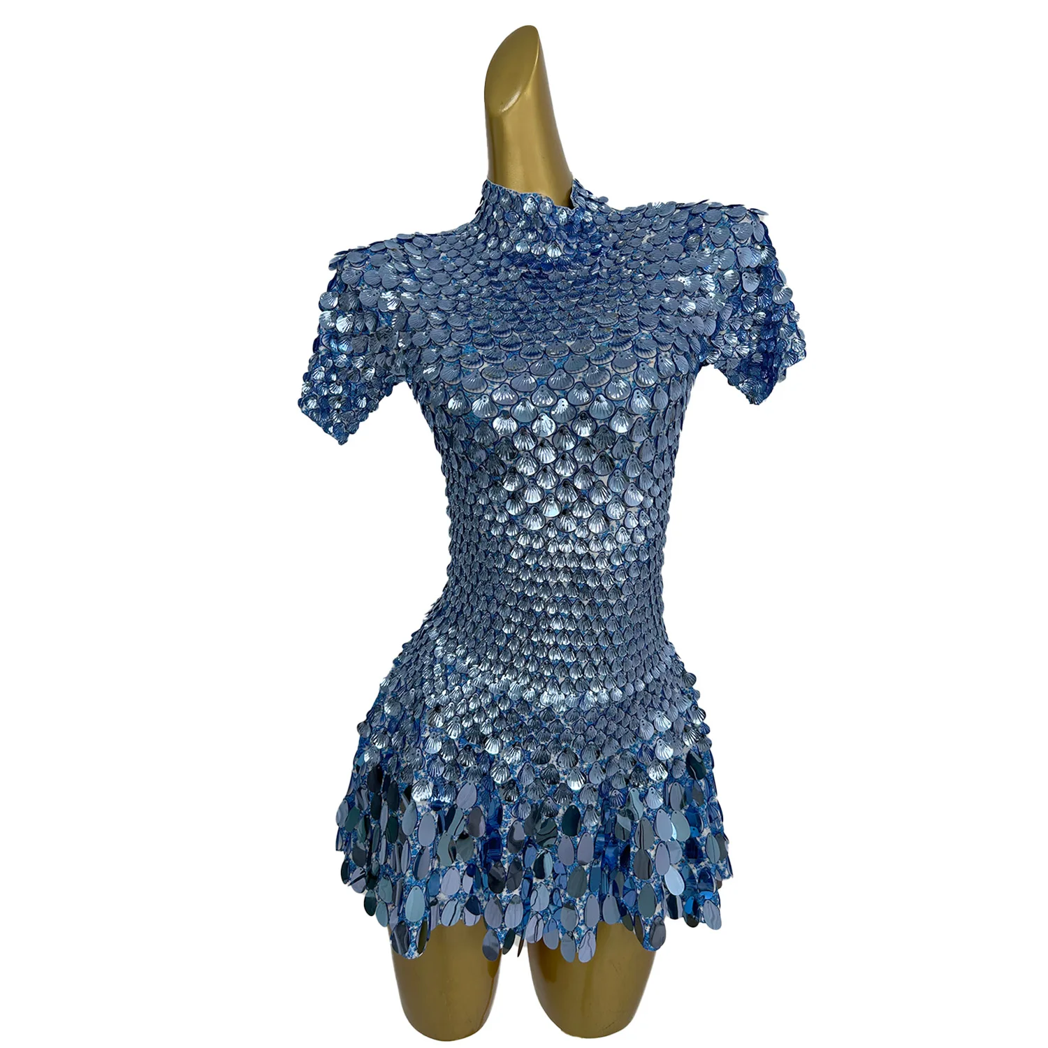 

Fashion Shell Sequins Sparkly Sexy Show Mini Dress for Women Stage Performance Classic Wear Pleated Club Girls Party Birthday