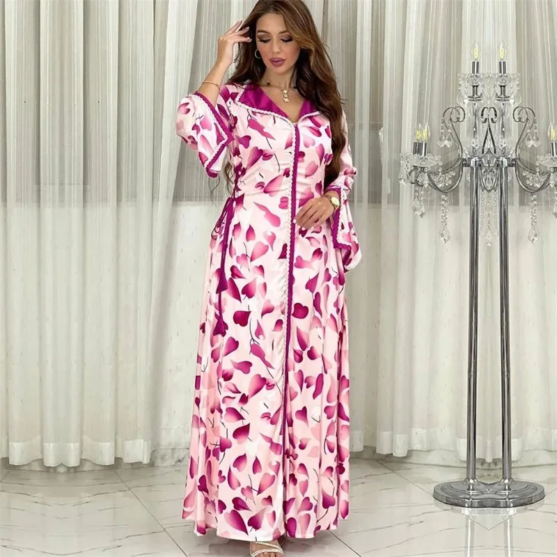 

Dubai Fashion Floral Diamonds Belted Evening Party Dresses Elegant Saudi Muslim Eid Women Abayas Moroccan Arab Kaftan