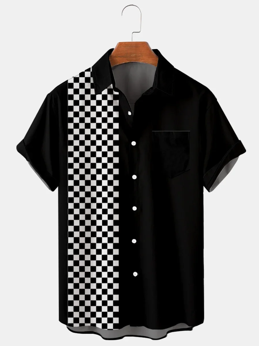 Black and white plaid high quality creative printing men's short-sleeved shirt Harajuku European and American large size oversiz