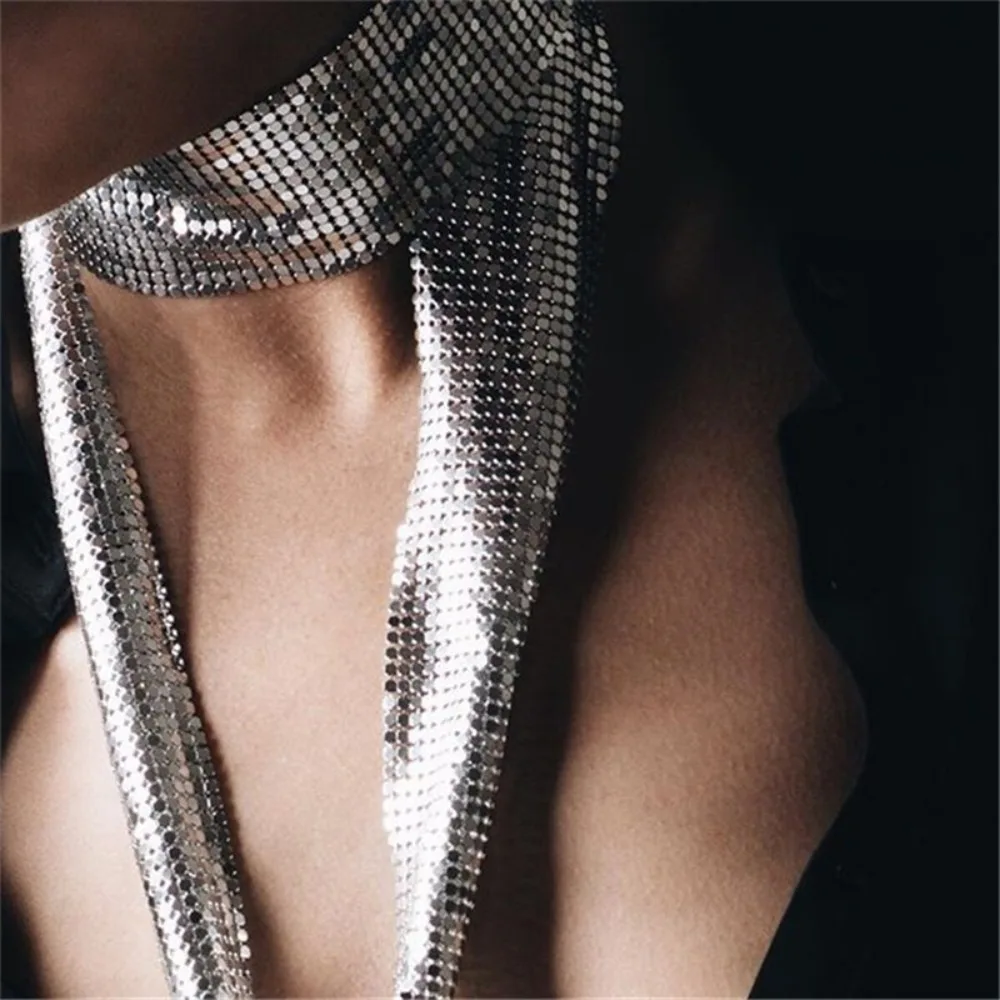 Fashion Aesthetic Sequin Scarf Punk Aluminium Alloy Cool Slender Scarf Long Thin Sexy Chain Pendant Choker Party