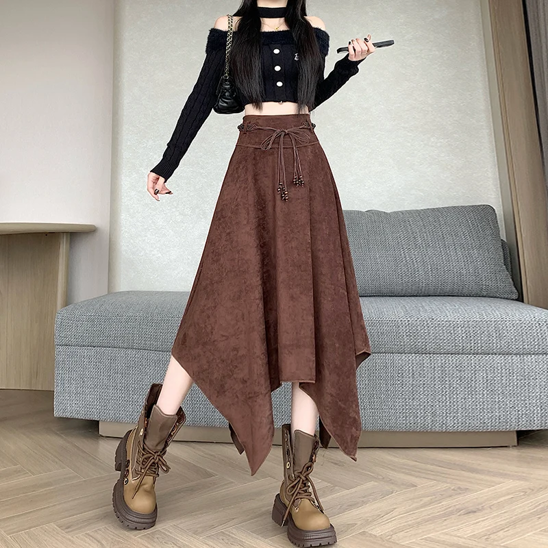 Women's Desert Vacation Outfit Retro American Black Suede A-line Midi Skirt Belt Asymmetrical Hem Brown Solid Niche Y2K Harajuku