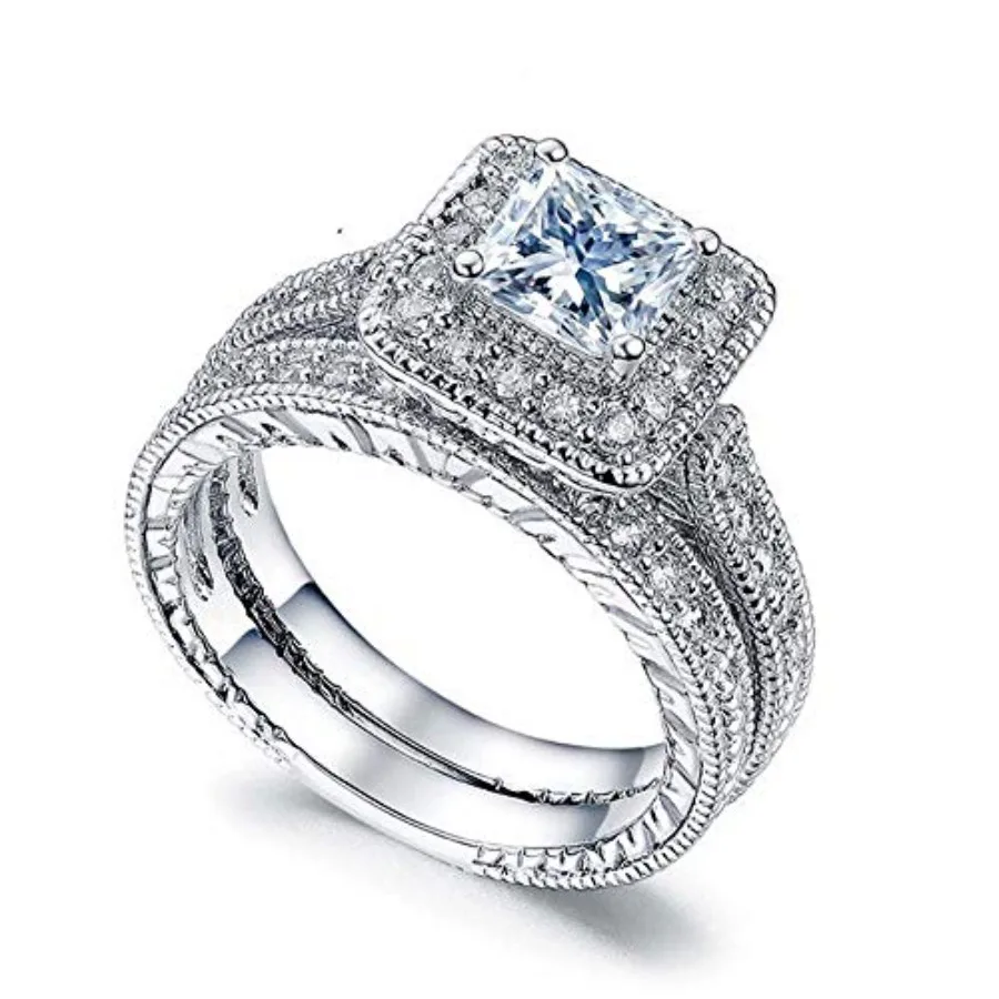 Square Cubic Zirconia Bridal Set Princess Cut CZ Jewelry Engagement Wedding Rings Set