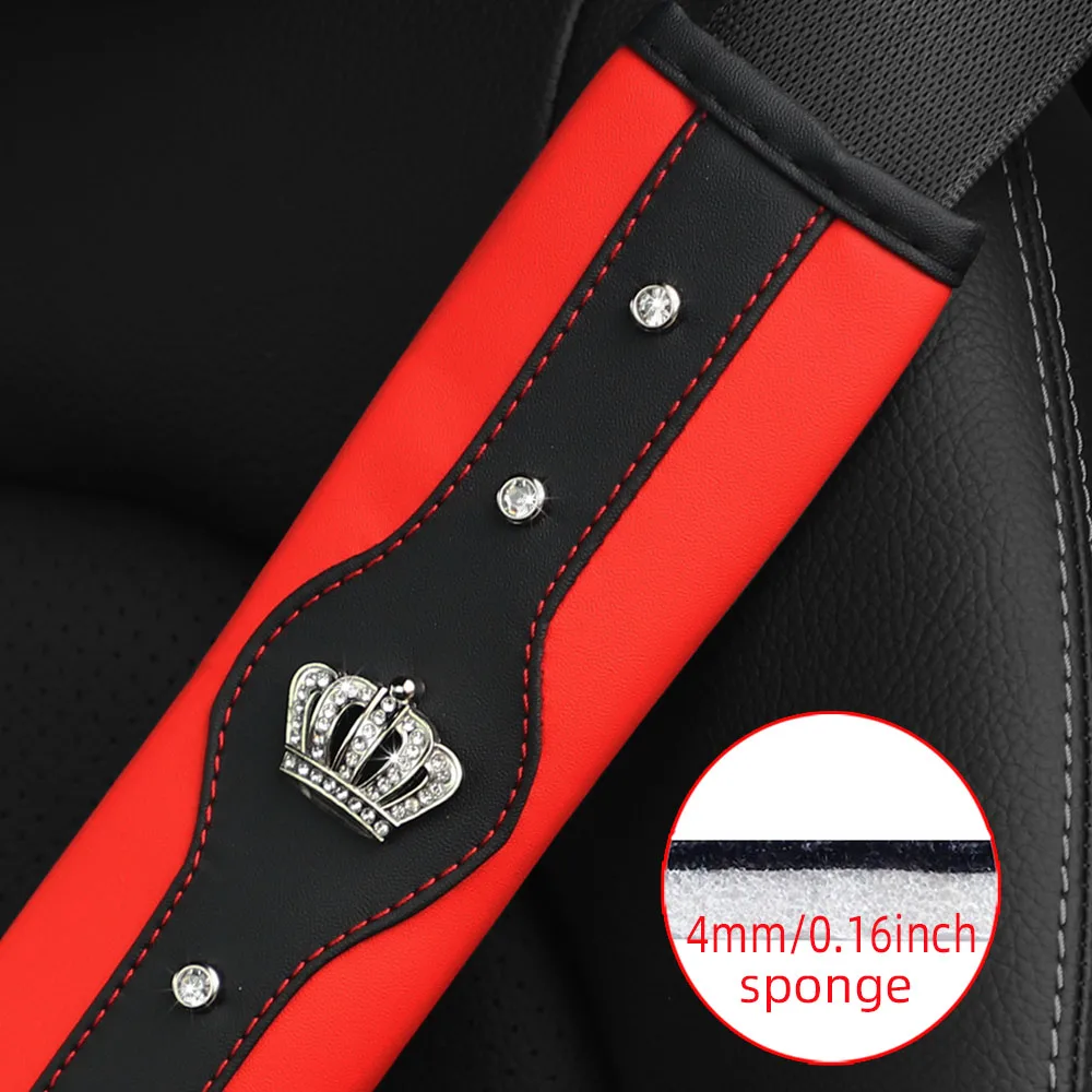 A Stereo Leather Car Seat Belt Shoulder Protector with a Rhinestone Crown and a Car Accessory with an Insurance Belt Cover