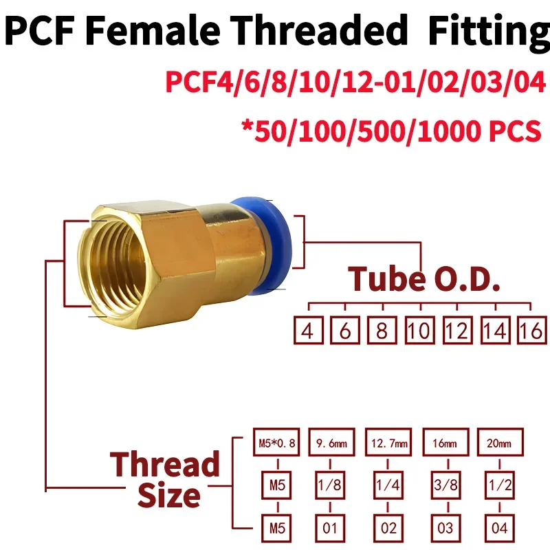 50/100/500/1000 PCS PCF Air Pipe Fitting Hose Tube BSP Female Thread Brass Pneumatic Connector Quick Joint,PCF4-01 PCF6-02 PC8-3