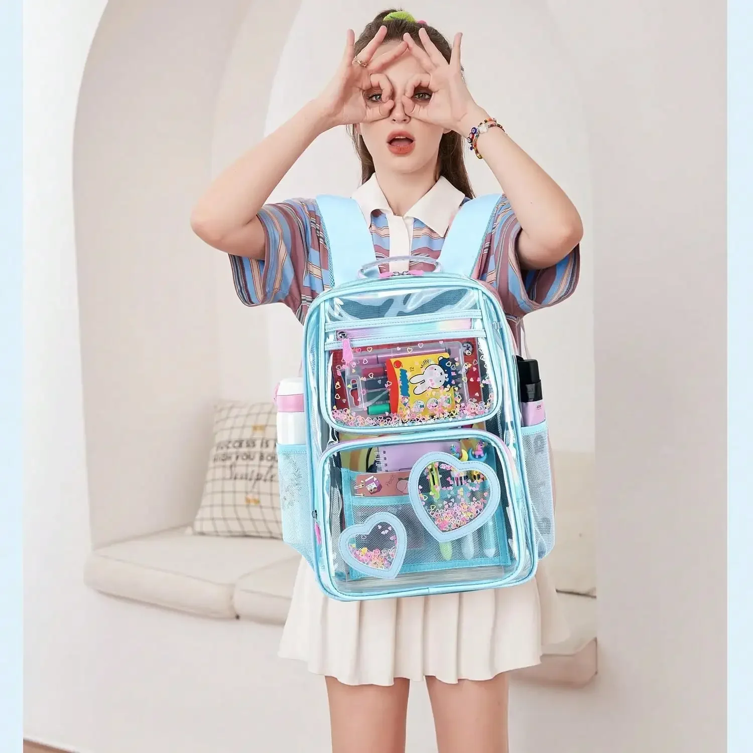 Blue Clear Backpack For Girls, Heavy Duty Transparent See Through Bookbag, Stadium Approved Clear Bag For Kindergarten Elementary Middle And High Scho
