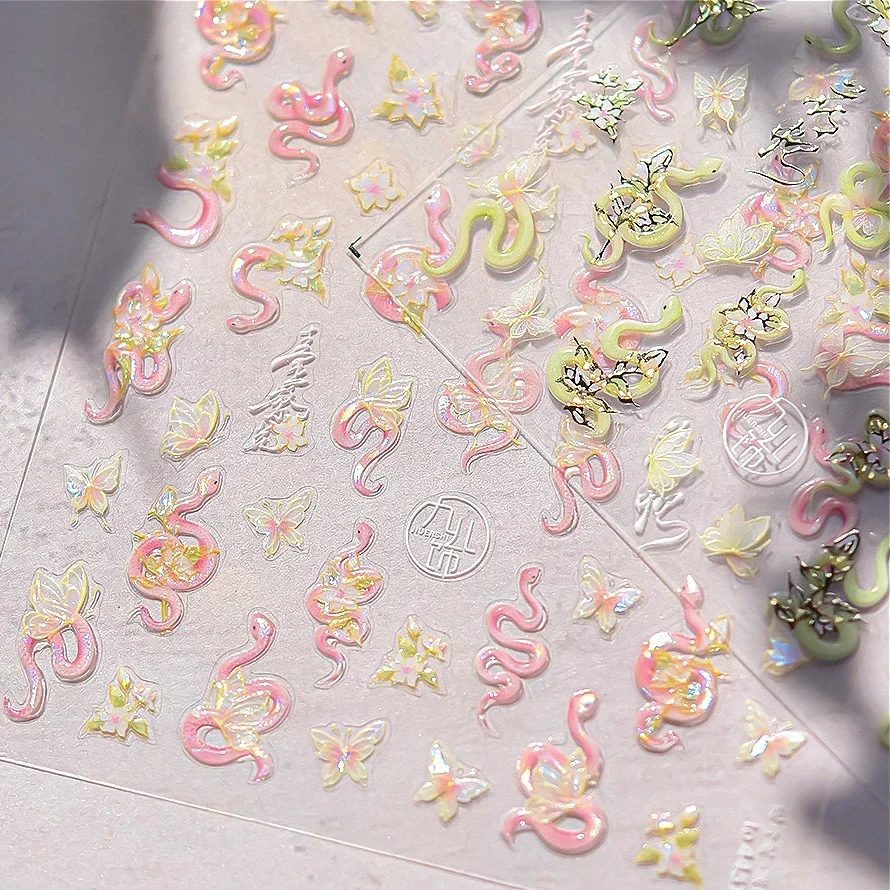 Snake Cartoon Animal Pink Blue 5D Nail Art Stickers Lotus Flower Cross Eyes Star Moon Love Heart Self Adhesive Manicure Decals