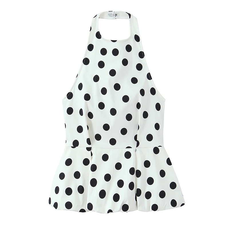 YENKYE New 2026 Polka Dot Balloon Top Women Sexy Backless Halter Summer Tops