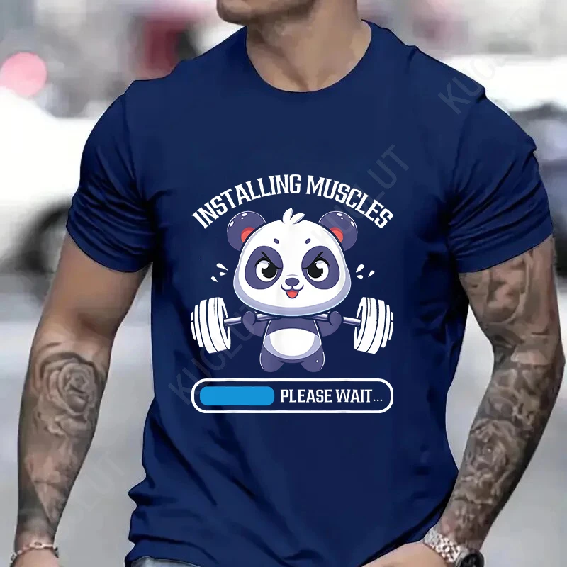 Funny Panda Gym Print T-Shirt Summer Tees for Men Women O-neck Casual Short Sleeve Weightlifting Installing Muscles Fashion Tops