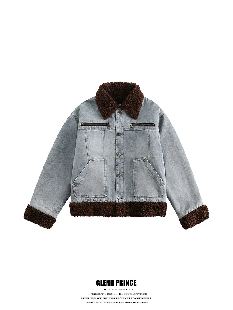 

GPstudio Men's ort Cotton Jaet Lamb Fur Splicing Winter New Sle Vintage Youth Trend Warmth Flap ket Single Button