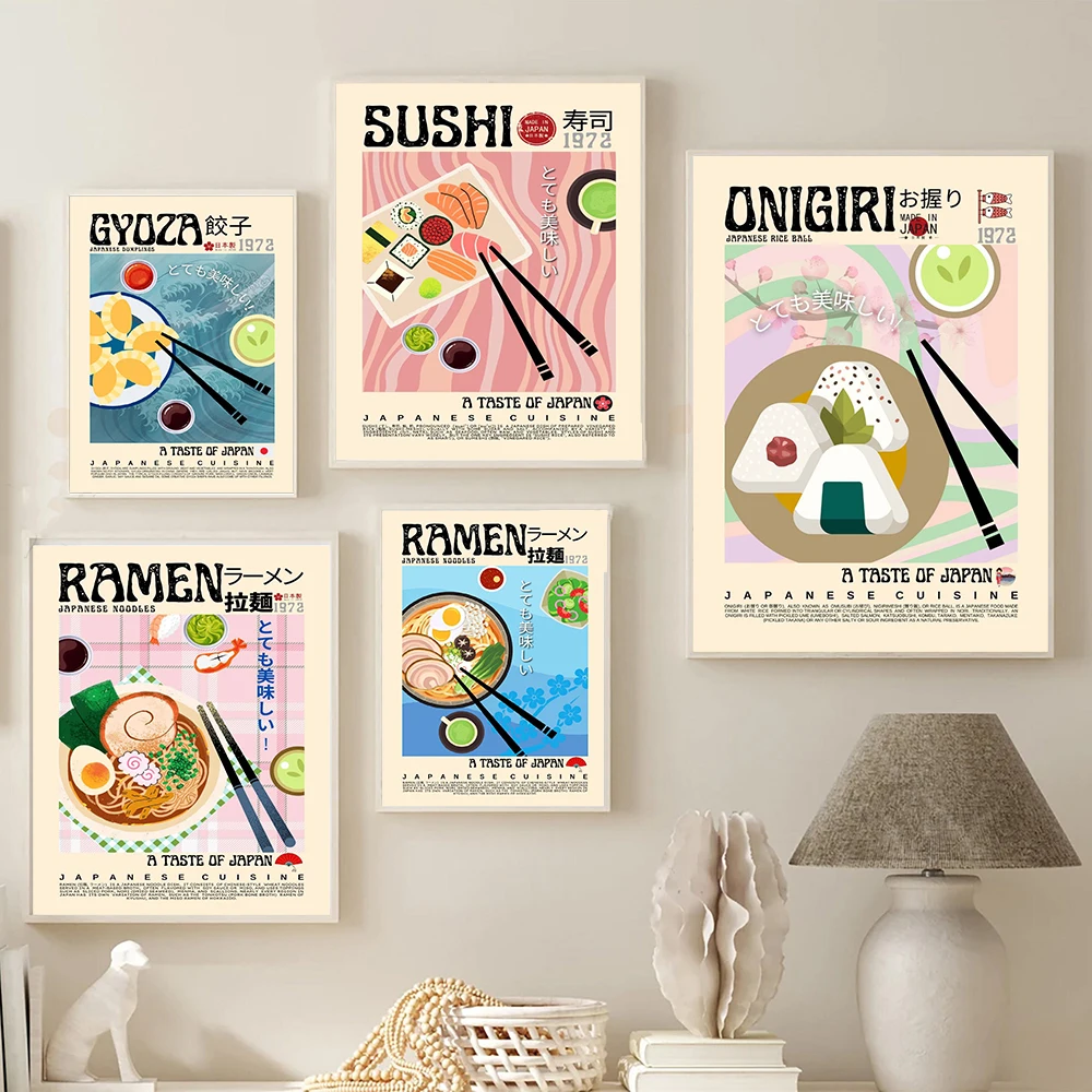 

Japanese Korea Vintage Food Modern Kitchen Art Painting Print Asian Retro Canvas Poster Ramen Sushi Gyoza Cook Room Home Decor