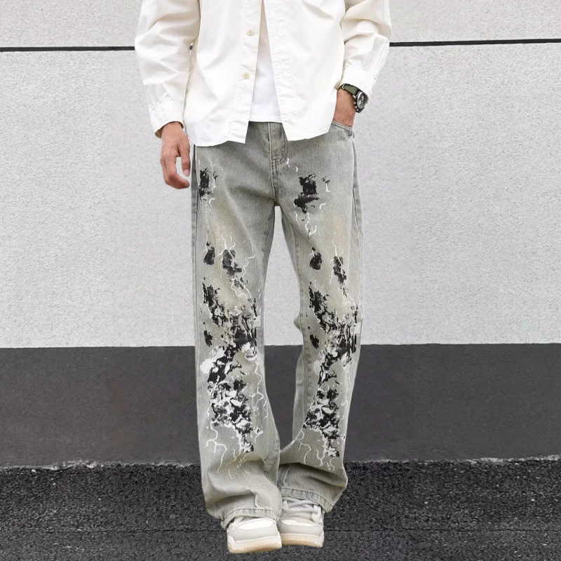

2025 Cyber Y2K Streetwear Graffiti Distressed Blue Baggy Jeans Pants For Men Clothing Straight Gothic Denim Trousers Moda Hombre