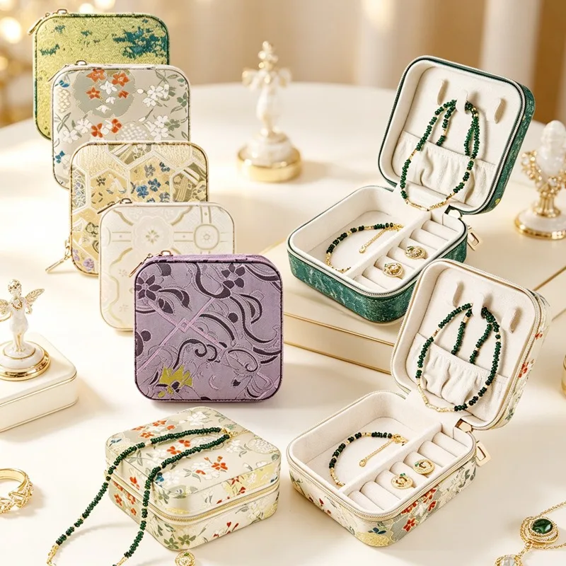 Retro Jacquard Zipper Jewelry Storage Box Portable Travel Mini Jewelry Organizer Luxury Vintage Earring Necklace Ring Holder