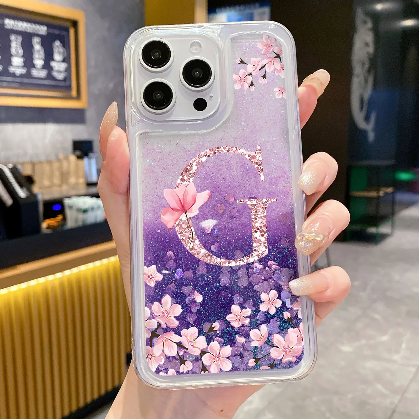 Coque de téléphone transparente de luxe en fleurs de cerisier, liquide dynamique, sable mouvant, pour iPhone 15 14 13 12 11 Pro Max, couverture arrière à paillettes
