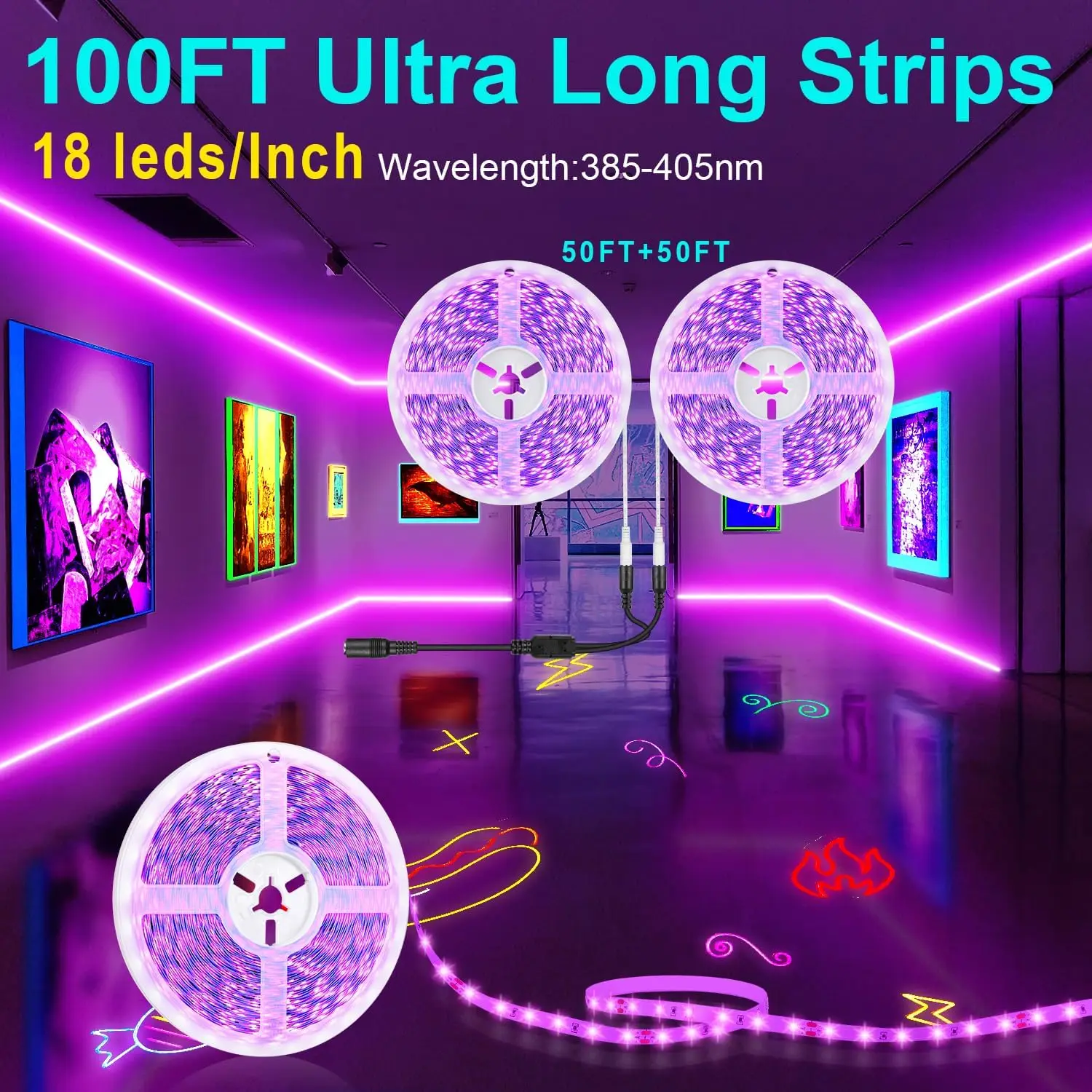 

Party with Remote, Smart Purple Neon Blacklight Strip Adhesive, UV Light Strip for Halloween Decor, Bedroom, Tapestry, Poster